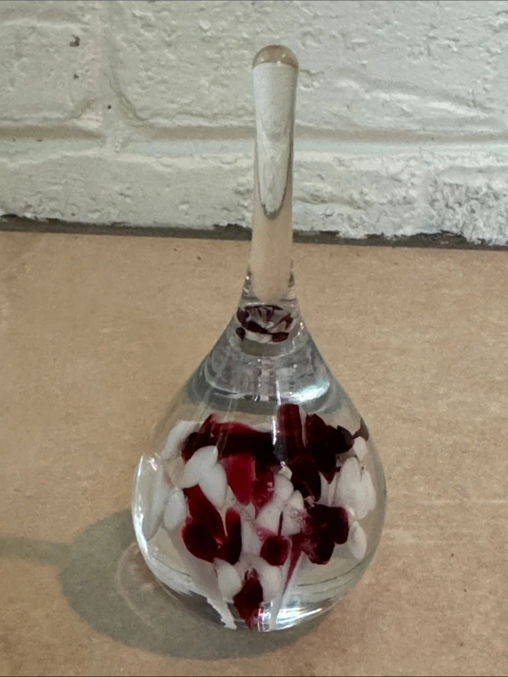 Art Glass Teardrop Paperweight With Red White Flowers Ring Holder hand blown